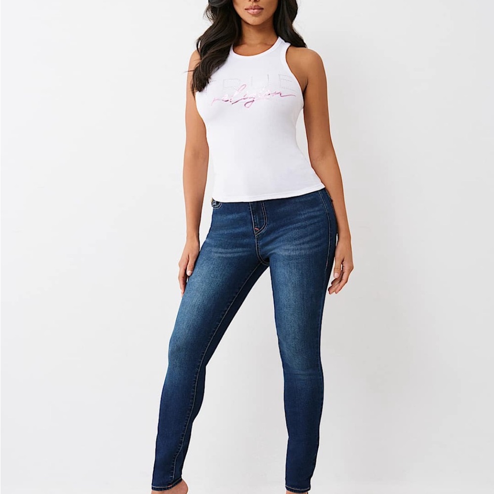 True Religion Women’s Skinny, high rise Flap-pocket PINK stitching! NWT - Picture 4 of 14